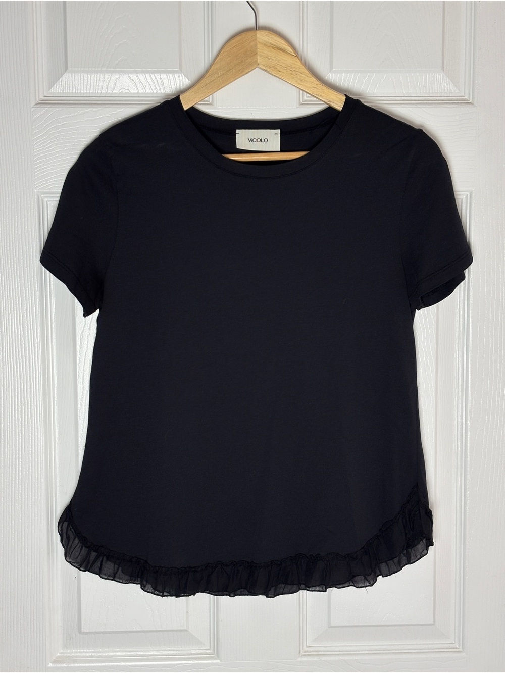 Vicolo Black Ruffle Hem Short Sleeve Top Cotton Made In Italy M